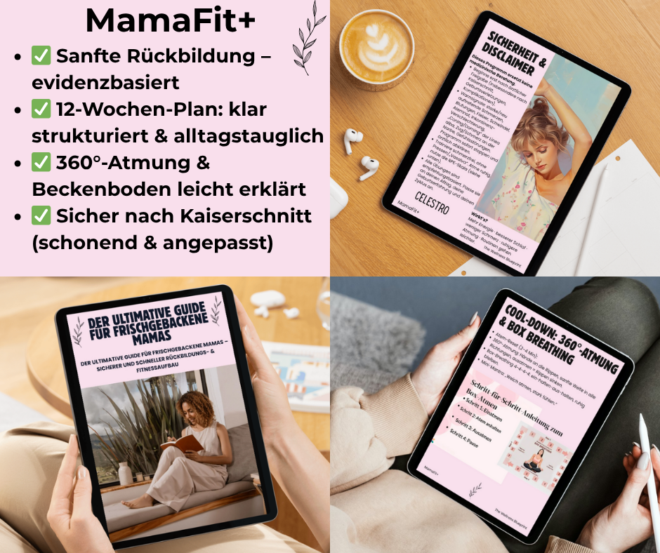 MamaFit+ E-Book auf Tablet – sanfte Rückbildung, 12-Wochen-Plan, 360°-Atmung, Optionen nach Kaiserschnitt