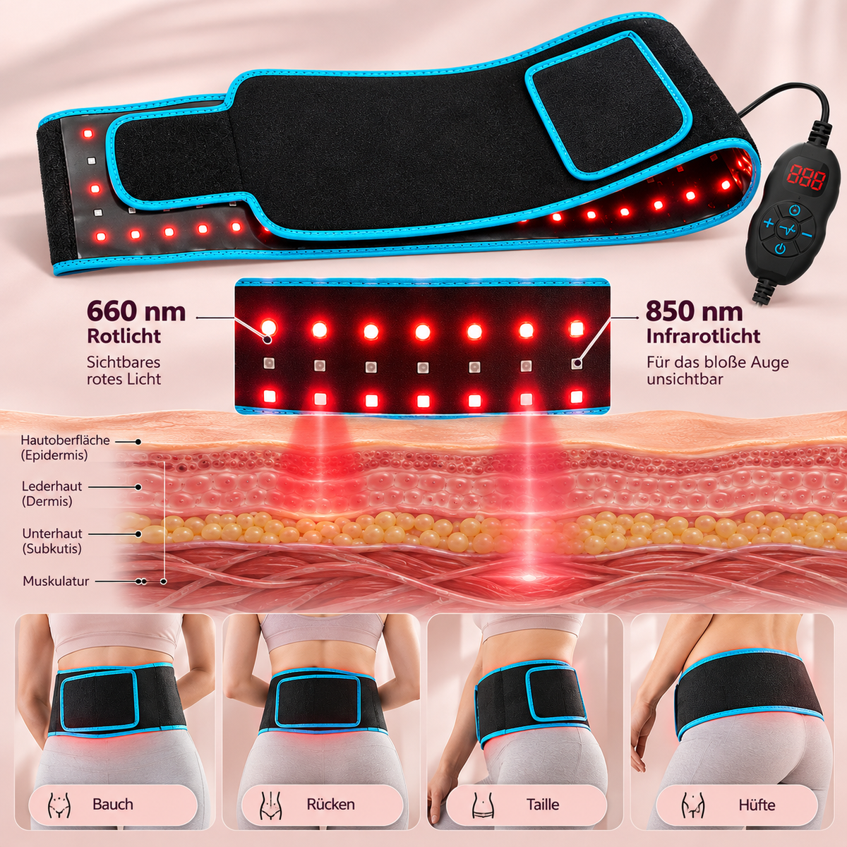 Infografik zum Celestro Rotlicht- und Infrarotgürtel mit 660 nm Rotlicht und 850 nm Nahinfrarot, schematischem Hautquerschnitt und Anwendungsbeispielen für Bauch, Rücken, Taille und Hüfte.
