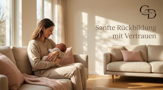 Eine Frau sitzt entspannt auf einem hellen Sofa und hält behutsam ein Neugeborenes im Arm. Im Hintergrund steht der Text "Sanfte Rückbildung mit Vertrauen" neben einem eleganten Logo. Warme, helle Wohnzimmer-Atmosphäre.