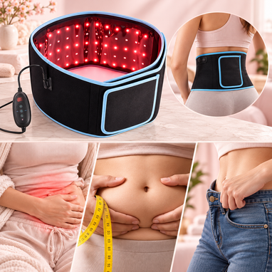 Celestro Rotlicht- und Infrarotgürtel mit leuchtenden LEDs und digitalem Bedienelement. Collage zeigt die Anwendung am Rücken sowie Alltagssituationen rund um Bauch und Taille.