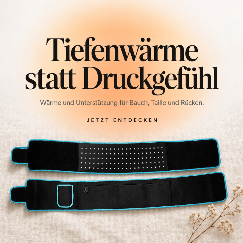 Celestro Rotlicht- und Infrarotgürtel mit Innen- und Außenansicht, LED-Bereich und türkisfarbenen Rändern. Produktgrafik mit dem Schriftzug „Tiefenwärme statt Druckgefühl“.