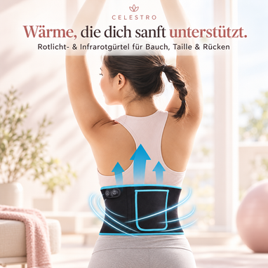 Frau trägt den Celestro Rotlicht- und Infrarotgürtel am unteren Rücken und streckt die Arme nach oben. Blaue Pfeile und Lichtlinien symbolisieren die Wärmefunktion.