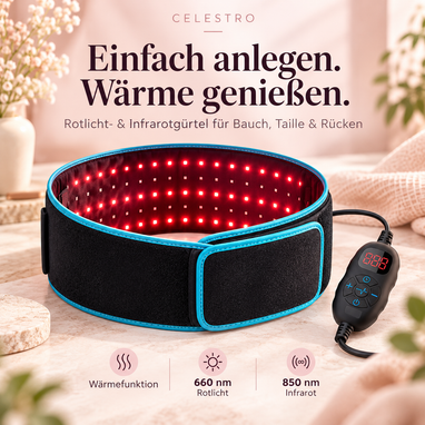 Celestro Rotlicht- und Infrarotgürtel mit leuchtenden roten LEDs, türkisfarbenem Rand und digitalem Bedienelement. Produktbild mit Wärmefunktion, 660 nm Rotlicht und 850 nm Nahinfrarot.