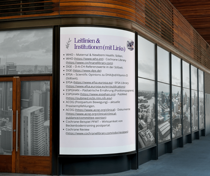 Celestro MamaFit+ E-Book – Seite „Leitlinien & Institutionen (mit Links)“: evidenzbasierte Quellen zur Rückbildung (WHO, DGE, EFSA).