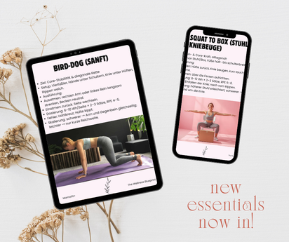 Tablet und Smartphone mit Celestro MamaFit+ Übungskarten: „Bird-Dog (sanft)“ und „Squat to Box (Stuhl-Kniebeuge)“ – rückbildungsfreundliche Home-Workouts.