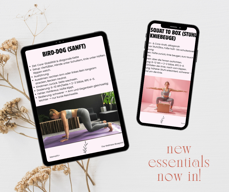 Tablet und Smartphone mit Celestro MamaFit+ Übungskarten: „Bird-Dog (sanft)“ und „Squat to Box (Stuhl-Kniebeuge)“ – rückbildungsfreundliche Home-Workouts.