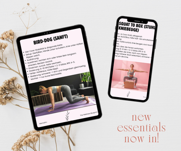 Tablet und Smartphone mit Celestro MamaFit+ Übungskarten: „Bird-Dog (sanft)“ und „Squat to Box (Stuhl-Kniebeuge)“ – rückbildungsfreundliche Home-Workouts.