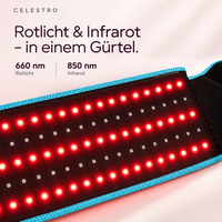 Nahaufnahme des Celestro Rotlicht- und Infrarotgürtels mit leuchtenden roten LEDs, türkisfarbenem Rand und den Wellenlängen 660 nm Rotlicht und 850 nm Infrarot.