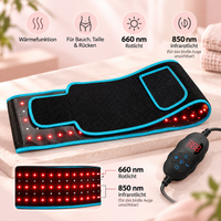 Celestro Rotlicht- und Infrarotgürtel mit leuchtenden LEDs, digitalem Bedienelement und Wärmefunktion. Infografik zeigt 660 nm Rotlicht und 850 nm Nahinfrarot.