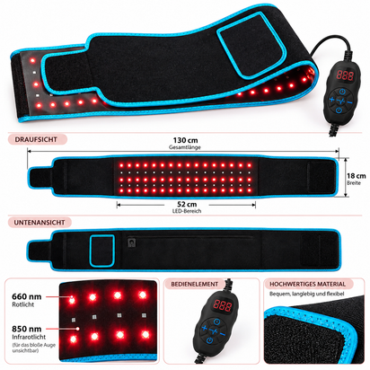 Technische Übersicht des Celestro Rotlicht- und Infrarotgürtels: 130 cm Gesamtlänge, 18 cm Breite, 52 cm LED-Bereich, 660 nm Rotlicht, 850 nm Infrarot und digitales Bedienelement.