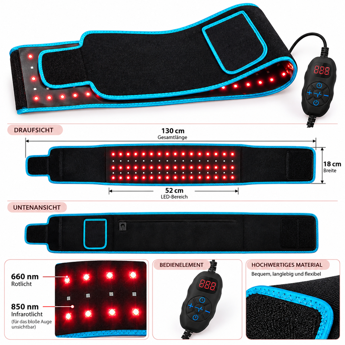 Technische Übersicht des Celestro Rotlicht- und Infrarotgürtels: 130 cm Gesamtlänge, 18 cm Breite, 52 cm LED-Bereich, 660 nm Rotlicht, 850 nm Infrarot und digitales Bedienelement.