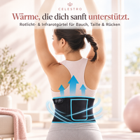 Frau trägt den Celestro Rotlicht- und Infrarotgürtel am unteren Rücken und streckt die Arme nach oben. Blaue Pfeile und Lichtlinien veranschaulichen die Wärmefunktion.