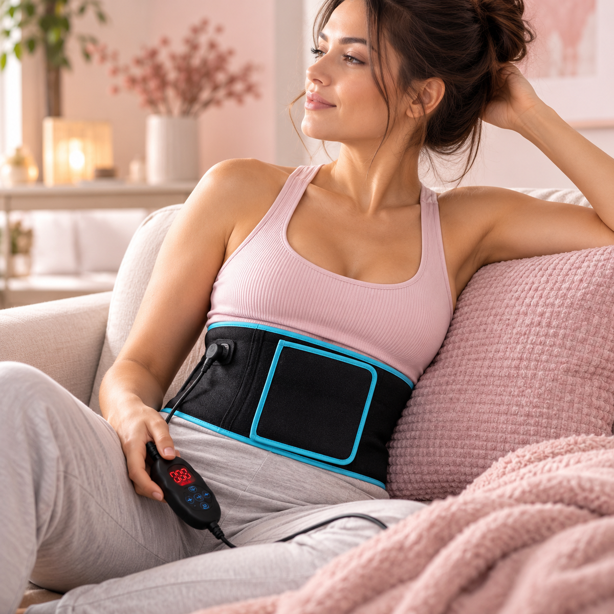 Frau entspannt auf dem Sofa mit dem Celestro Rotlicht- und Infrarotgürtel um die Taille und hält den digitalen Temperaturregler in der Hand.