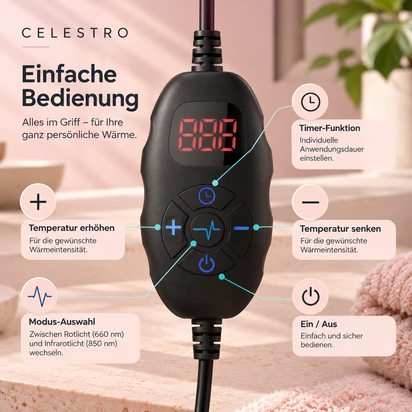 Digitales Bedienelement des Celestro Rotlicht- und Infrarotgürtels mit LED-Anzeige und fünf Funktionstasten für Timer, Einstellungen und Ein/Aus.