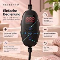 Digitales Bedienelement des Celestro Rotlicht- und Infrarotgürtels mit LED-Anzeige und fünf Funktionstasten für Timer, Einstellungen und Ein/Aus.