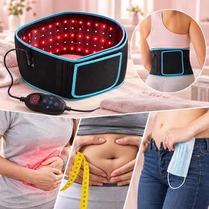 Celestro Rotlicht- und Infrarotgürtel mit leuchtenden LEDs und digitalem Bedienelement. Bildcollage zeigt die Anwendung am Rücken sowie verschiedene Alltagssituationen.