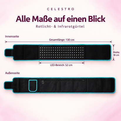 Celestro Rotlicht- und Infrarotgürtel mit Innen- und Außenseite, 130 cm Gesamtlänge, 18 cm Breite und 52 cm langem LED-Bereich.