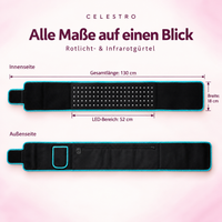 Celestro Rotlicht- und Infrarotgürtel mit Innen- und Außenseite, 130 cm Gesamtlänge, 18 cm Breite und 52 cm langem LED-Bereich.