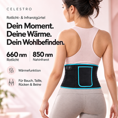 Frau trägt den Celestro Rotlicht- und Infrarotgürtel um die Taille. Produktbild mit 660 nm Rotlicht, 850 nm Nahinfrarot und Wärmefunktion.
