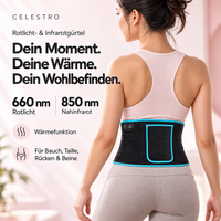 Frau trägt den Celestro Rotlicht- und Infrarotgürtel um die Taille. Produktbild mit 660 nm Rotlicht, 850 nm Nahinfrarot und Wärmefunktion.